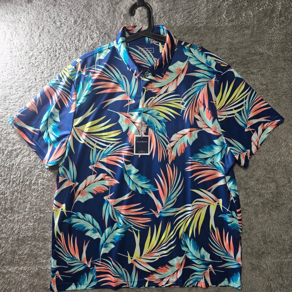 Club Room Performance Polo 2XL Navy Tropical Palm Print UPF 50 Golf Shirt NEW - Picture 3 of 7